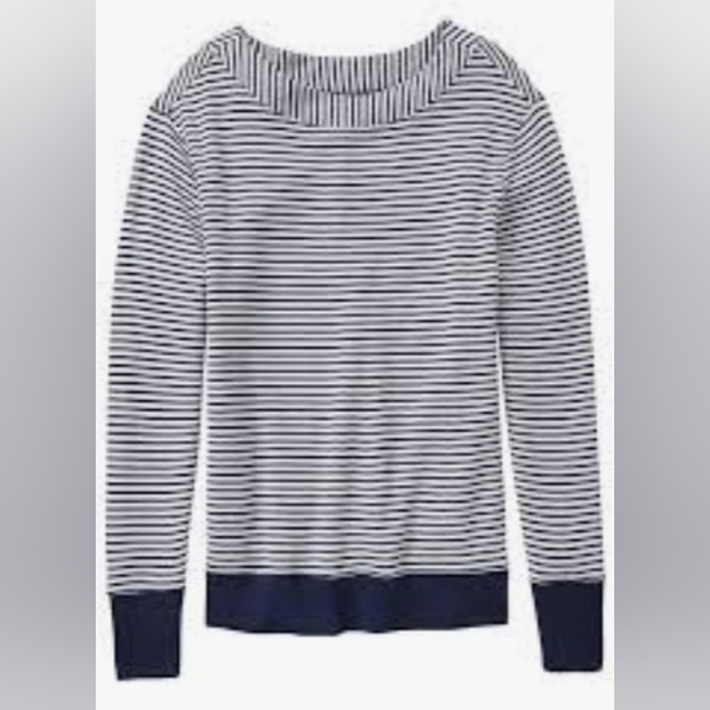 Athleta Navy and White Studio Striped Boatneck Soft Long Sleeve Shirt Size Small